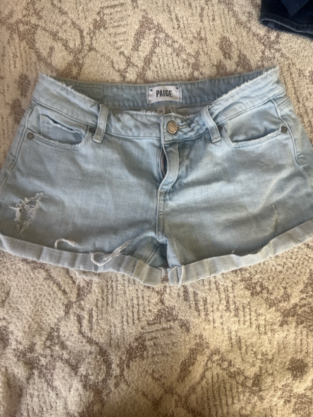 PAIGE Denim Shorts Size 26 Light Wash Distressed Raw Hem Cuffed Mid Rise